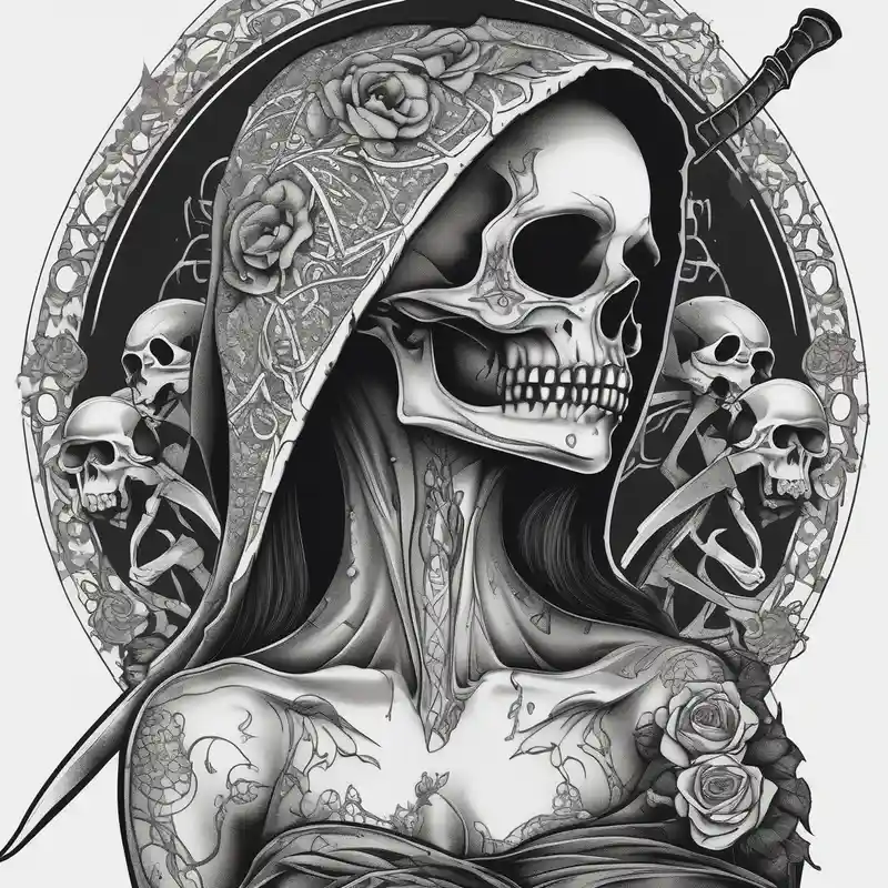Lady grim reaper with scythe and skulls