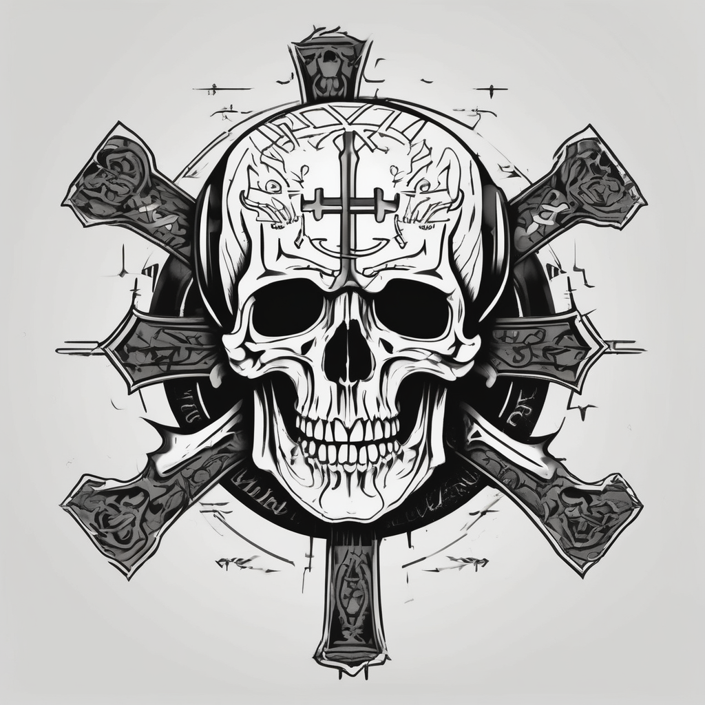 Big Skull with fangs , three crosses, words saying “A Sound Soul Dwells Within A Sound Mind and Sound Body” skull-designs, design de tatouage Minimaliste généré par IA