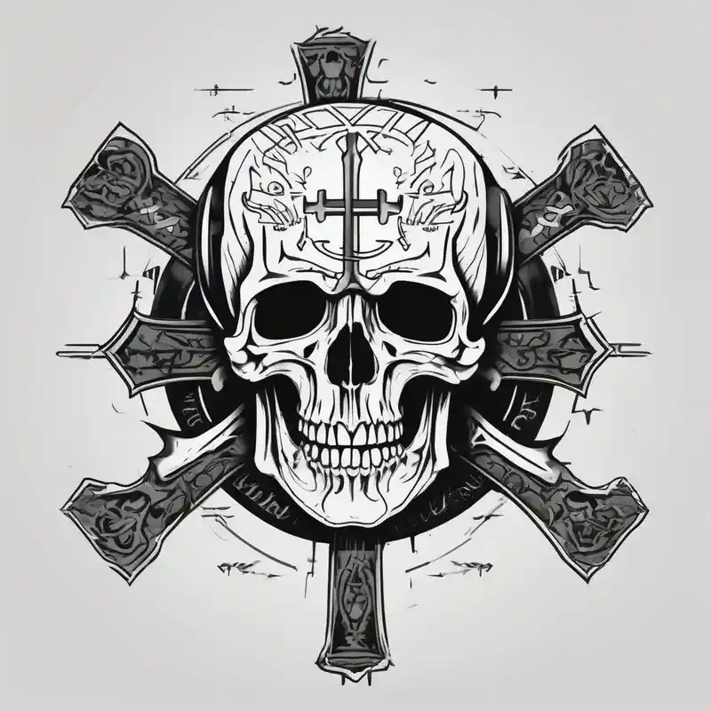 Big Skull with fangs, three crosses, words saying “A Sound Soul Dwells Within A Sound Mind and Sound Body” – Minimaliste, Noir et blanc