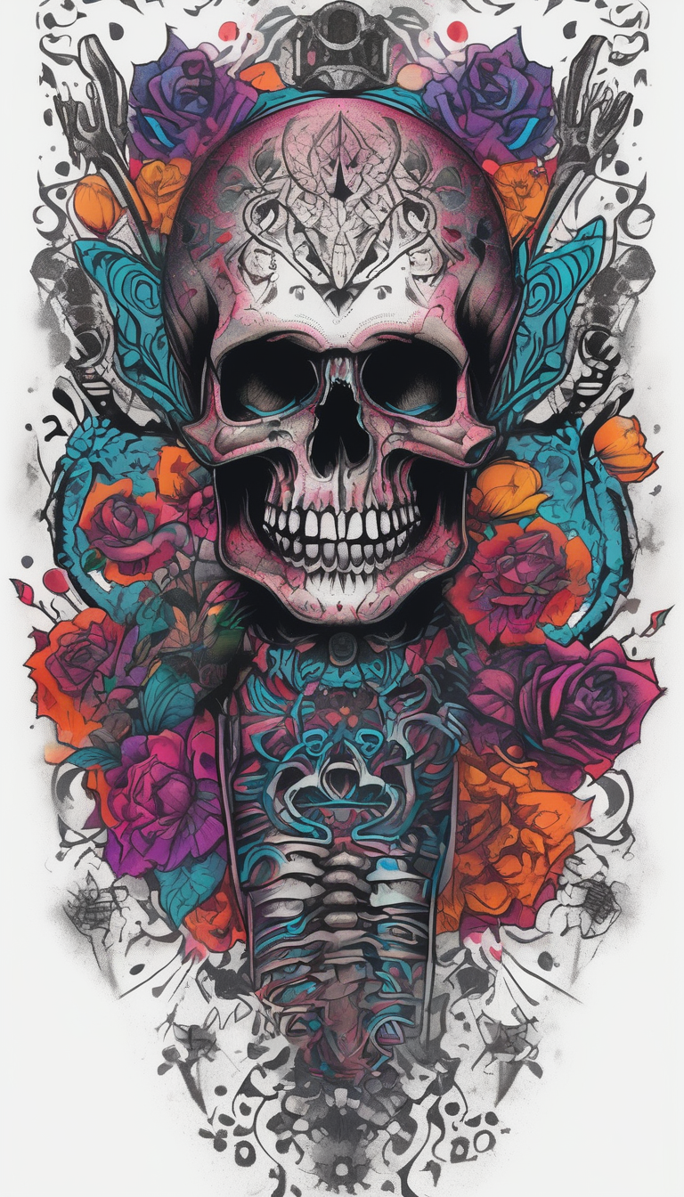 death skulls evil theme full arm sleeve skull-designs, diseño de tatuaje Dotwork generado con IA