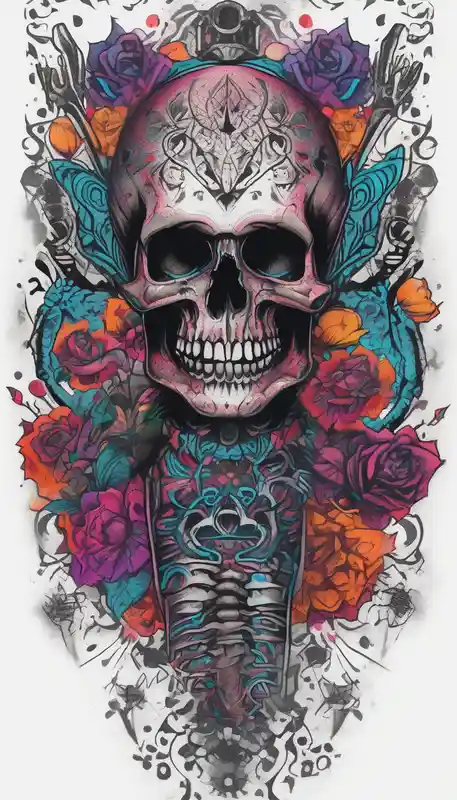 death skulls evil theme full arm sleeve – Puntillismo, Colores vivos