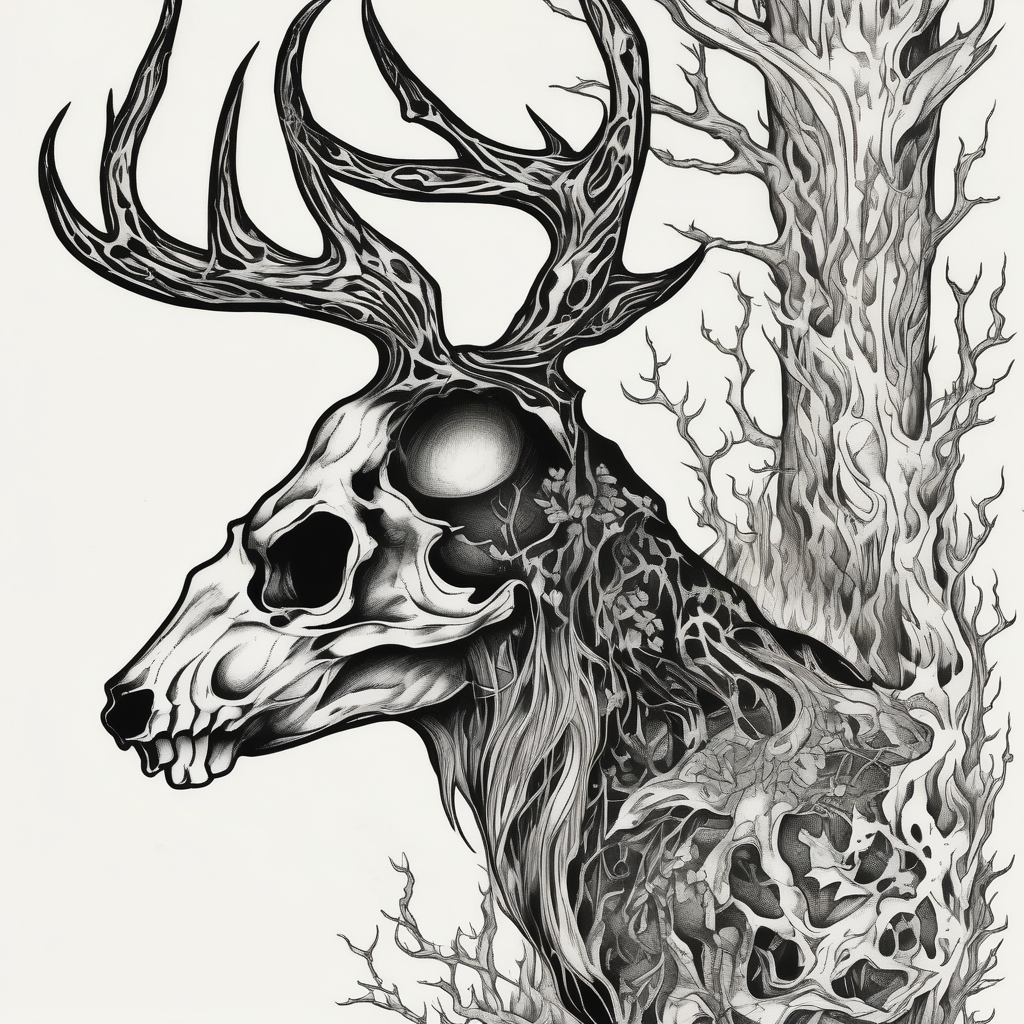 side view of a standing on two legs deer humanoid skull JUST BONE surrounded by a flames and trees skull-designs, design de tatouage Blackwork généré par IA