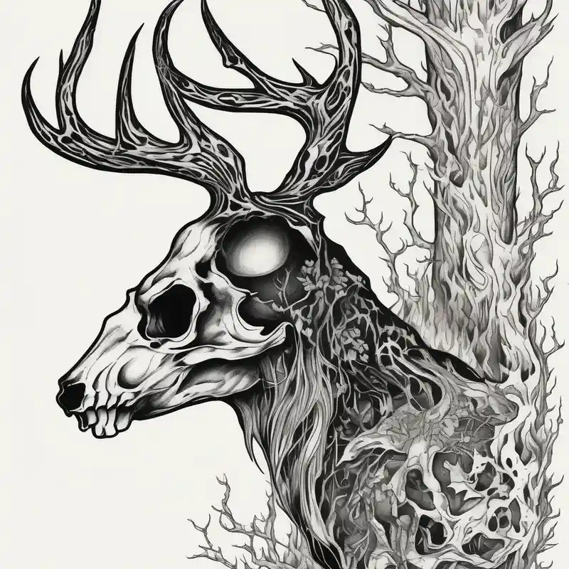 side view of a standing on two legs deer humanoid skull JUST BONE surrounded by a flames and trees