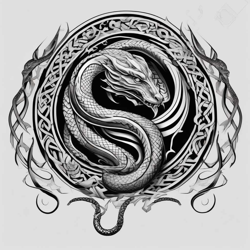 norse mythology world serpent wrap around tattoo design skull-designs, diseño de tatuaje Blanco y negro generado con IA