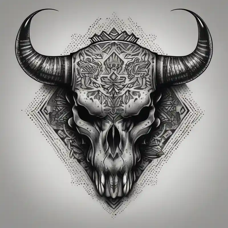 skull of a bull with a line frame, realistic, simple – Dotwork, Noir et blanc