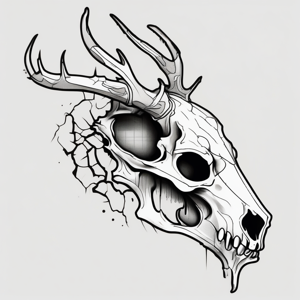 A side profile of decayed deer skull head in a forest fire skull-ideas(AIが生成したカートゥーンスタイルのタトゥーデザイン)