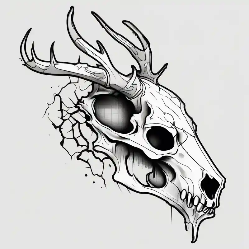 A side profile of decayed deer skull head in a forest fire – カートゥーン, 白黒