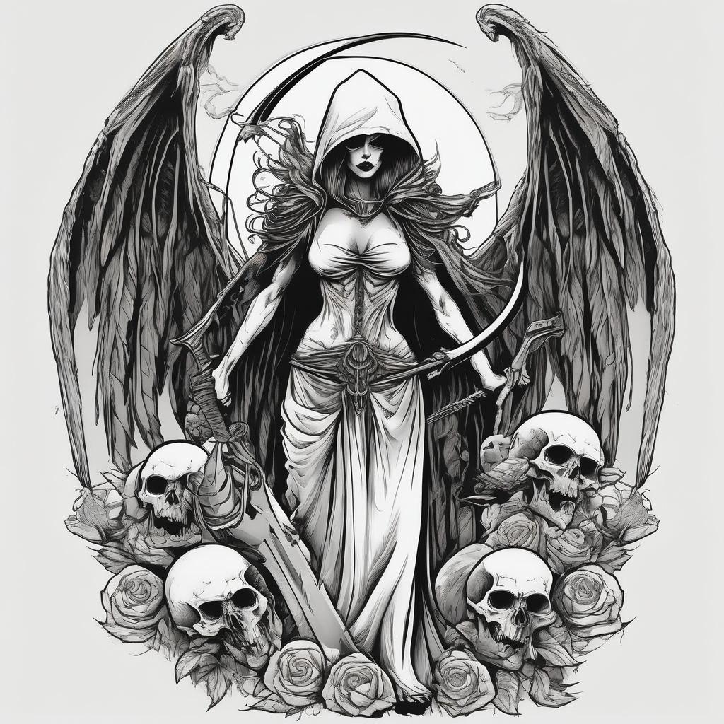 Lady grim reaper with wings, scythe and skulls skull-ideas, AI-generated Sketch tattoo design