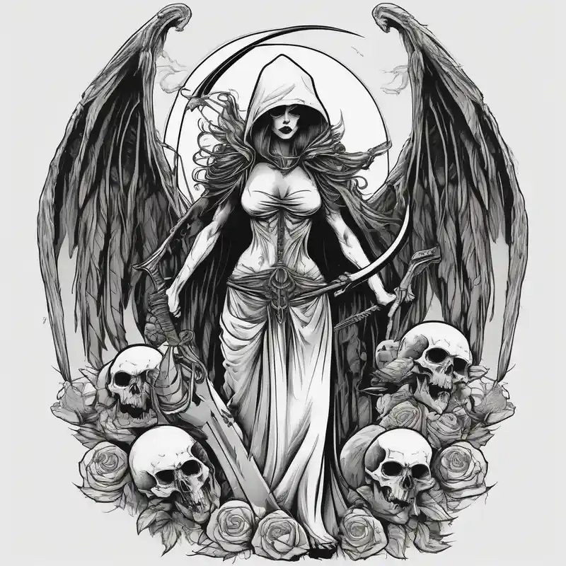 Lady grim reaper with wings, scythe and skulls – Sketch, Vibrant color