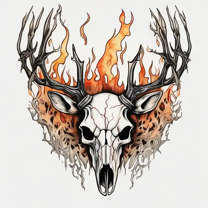 Halloween side profile of a DECAYING deer skull JUST BONE surrounded by a flames and trees in background – 水彩, 白黒