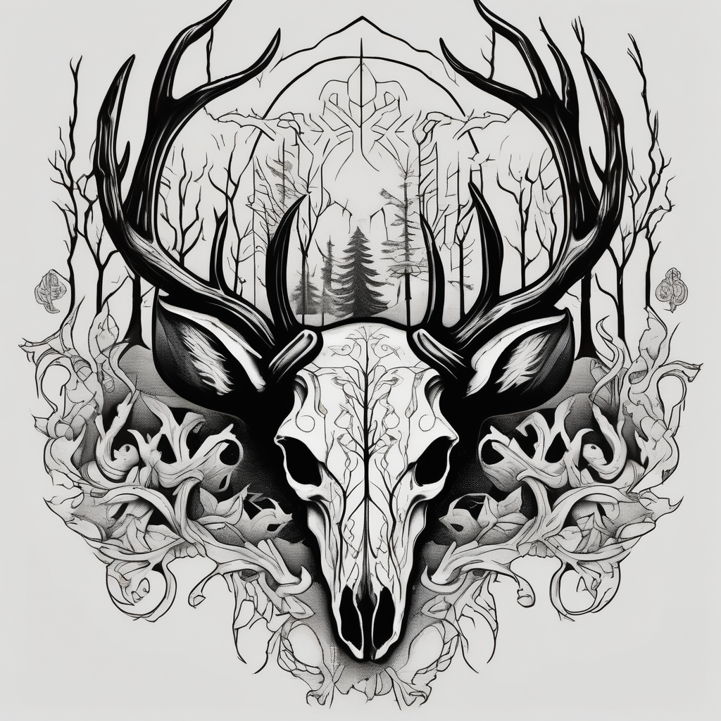 side view of a deer skull JUST BONE surrounded by a flames and trees skull-ideas(AIが生成したブラックワークスタイルのタトゥーデザイン)