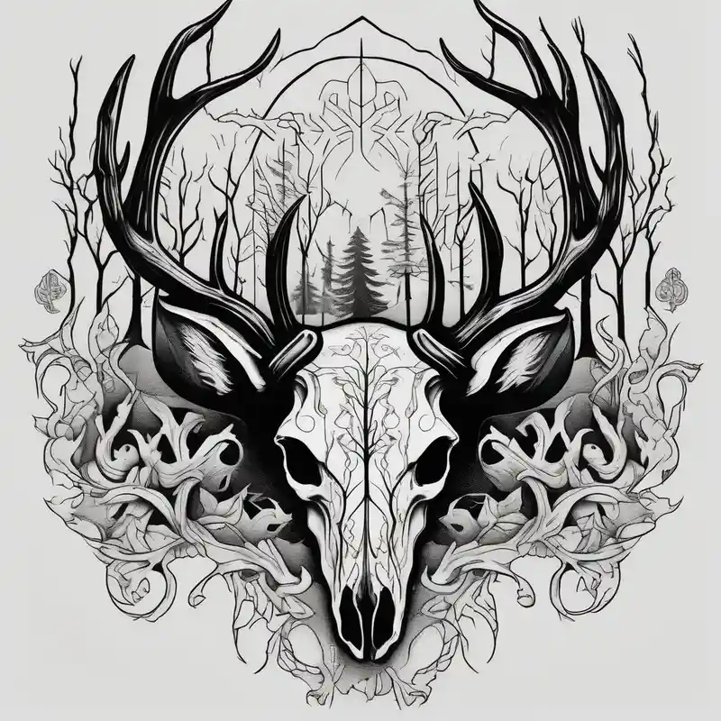 blackwork style Designs et Significations de Tatouages Cerf about side view of a deer skull JUST BONE surrounded by a flames and trees skull-ideas and side view of a deer skull JUST BONE surrounded by a flames and trees skull-ideas