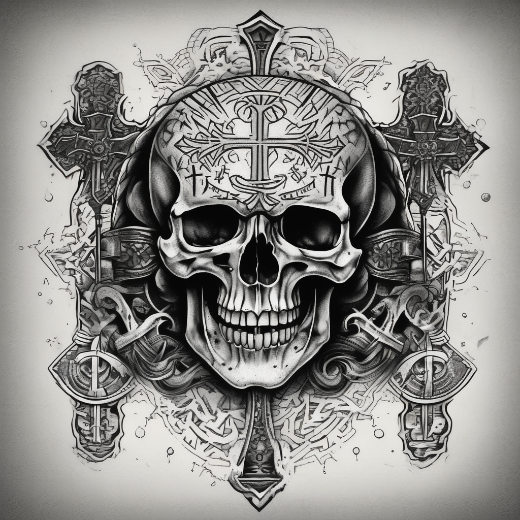 Big Skull with fangs , three crosses, words saying “A Sound Soul Dwells Within A Sound Mind and Sound Body” skull-ideas, design de tatouage Dotwork généré par IA