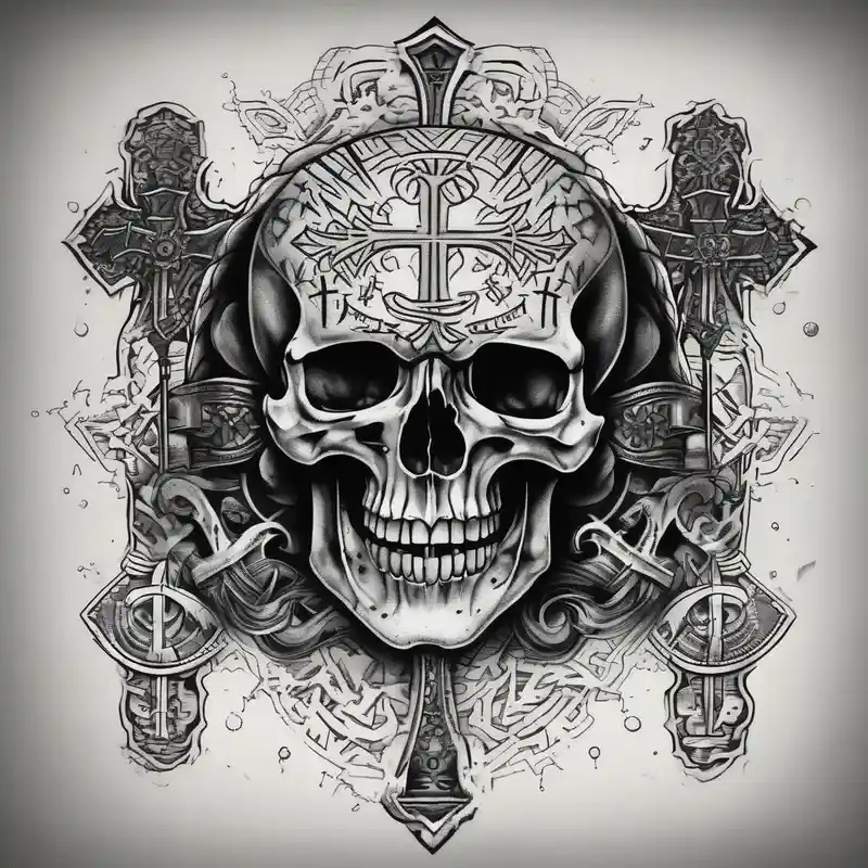 Big Skull with fangs, three crosses, words saying “A Sound Soul Dwells Within A Sound Mind and Sound Body”