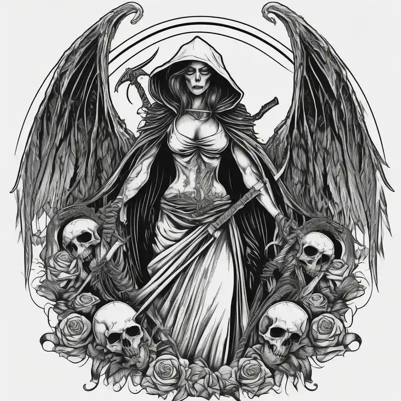 Lady grim reaper with wings, scythe and skulls