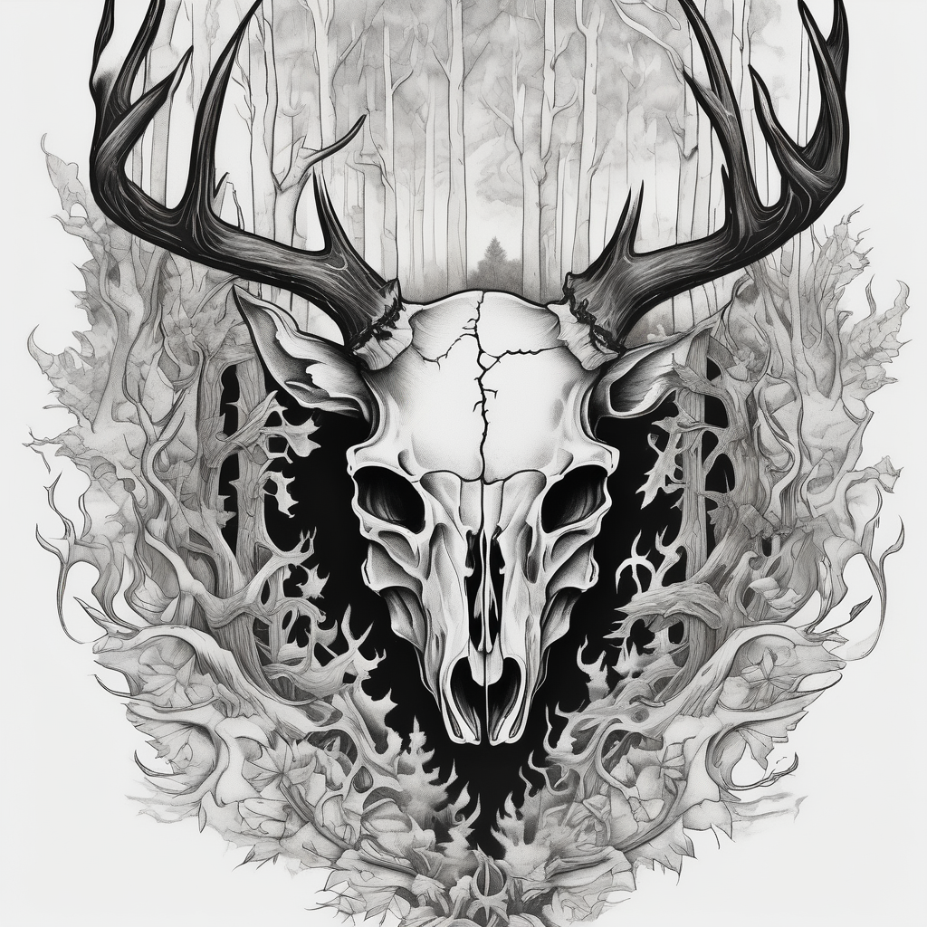Halloween side profile of a DECAYING deer skull JUST BONE surrounded by a flames and trees in background skull-ideas(AIが生成したシュルレアリスムスタイルのタトゥーデザイン)