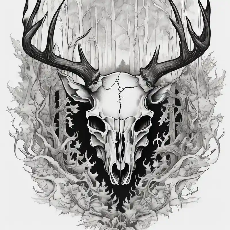 Halloween side profile of a DECAYING deer skull JUST BONE surrounded by a flames and trees in background