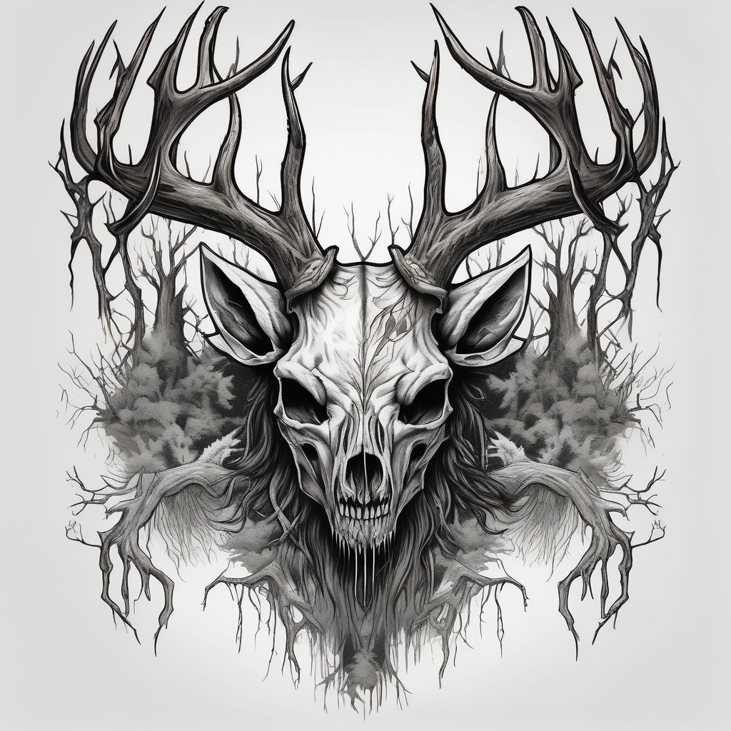 A scary wendigo with a decayed deer skull head with flames and trees skull-ideas(AIが生成したリアリズムスタイルのタトゥーデザイン)