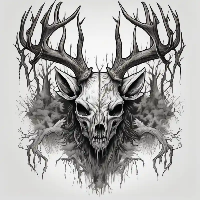 A scary wendigo with a decayed deer skull head with flames and trees – リアリスティック, 白黒