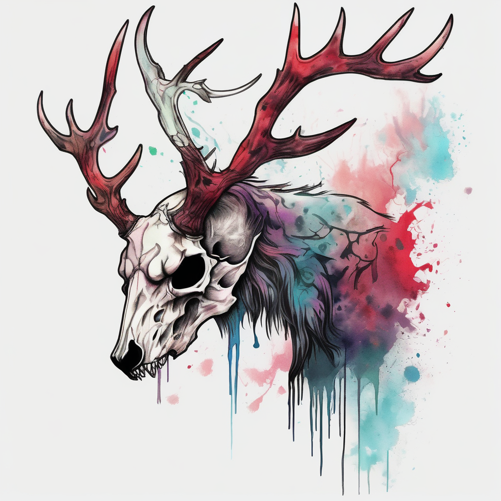 A side profile of a wendigo with a deer skull head, forest fire skull-ideas(AIが生成した水彩スタイルのタトゥーデザイン)