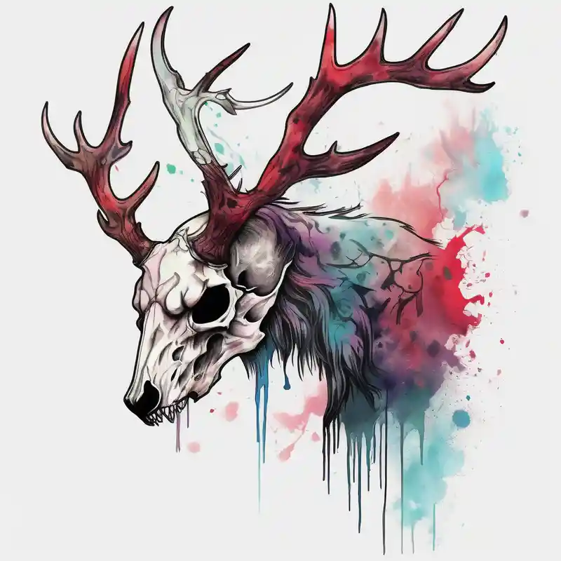 watercolor style Designs et Significations de Tatouages Cerf about A side profile of a wendigo with a deer skull head and forest fire skull-ideas