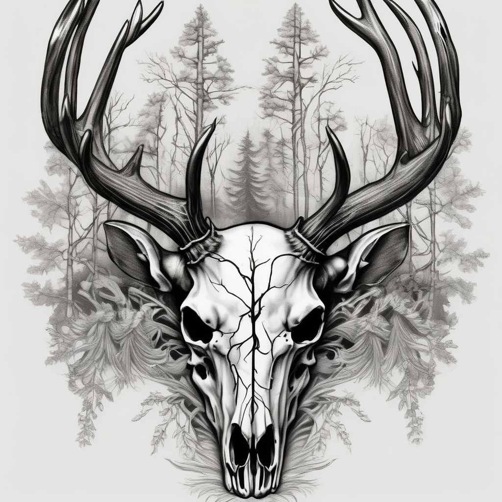 side photo of a deer skull JUST BONE surrounded by a flames and trees skull-ideas(AIが生成したリアリズムスタイルのタトゥーデザイン)