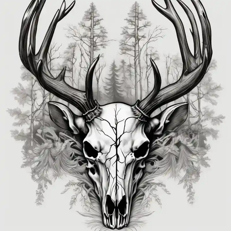 side photo of a deer skull JUST BONE surrounded by a flames and trees – リアリスティック, 白黒