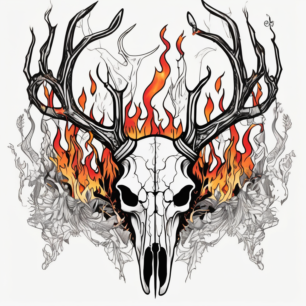 side photo of a deer skull JUST BONE surrounded by a flames and trees skull-ideas(AIが生成したシュルレアリスムスタイルのタトゥーデザイン)