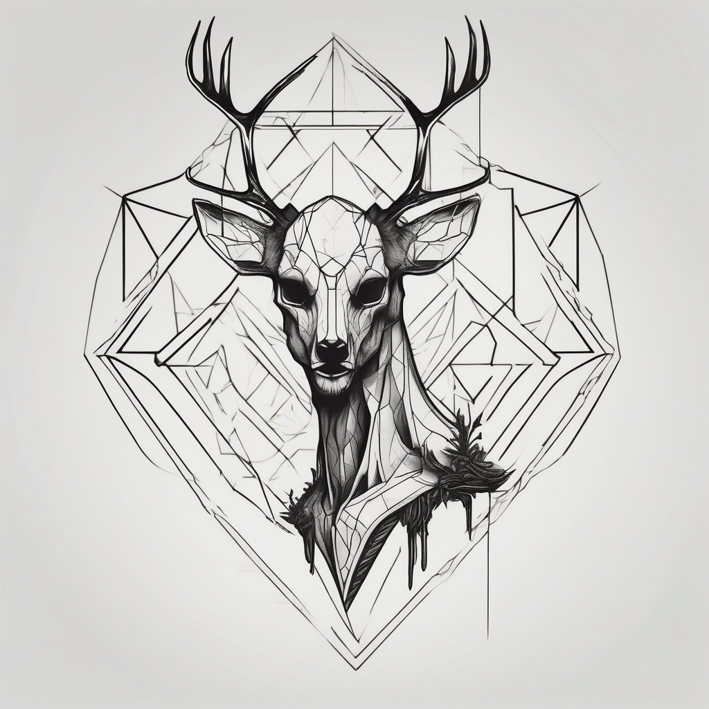A side profile of a wendigo with a decayed deer skull head in a forest fire skull-ideas(AIが生成したジオメトリックスタイルのタトゥーデザイン)