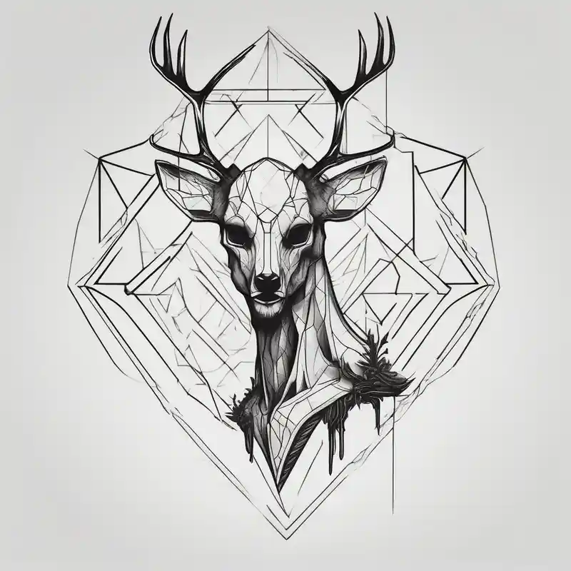 A side profile of a wendigo with a decayed deer skull head in a forest fire