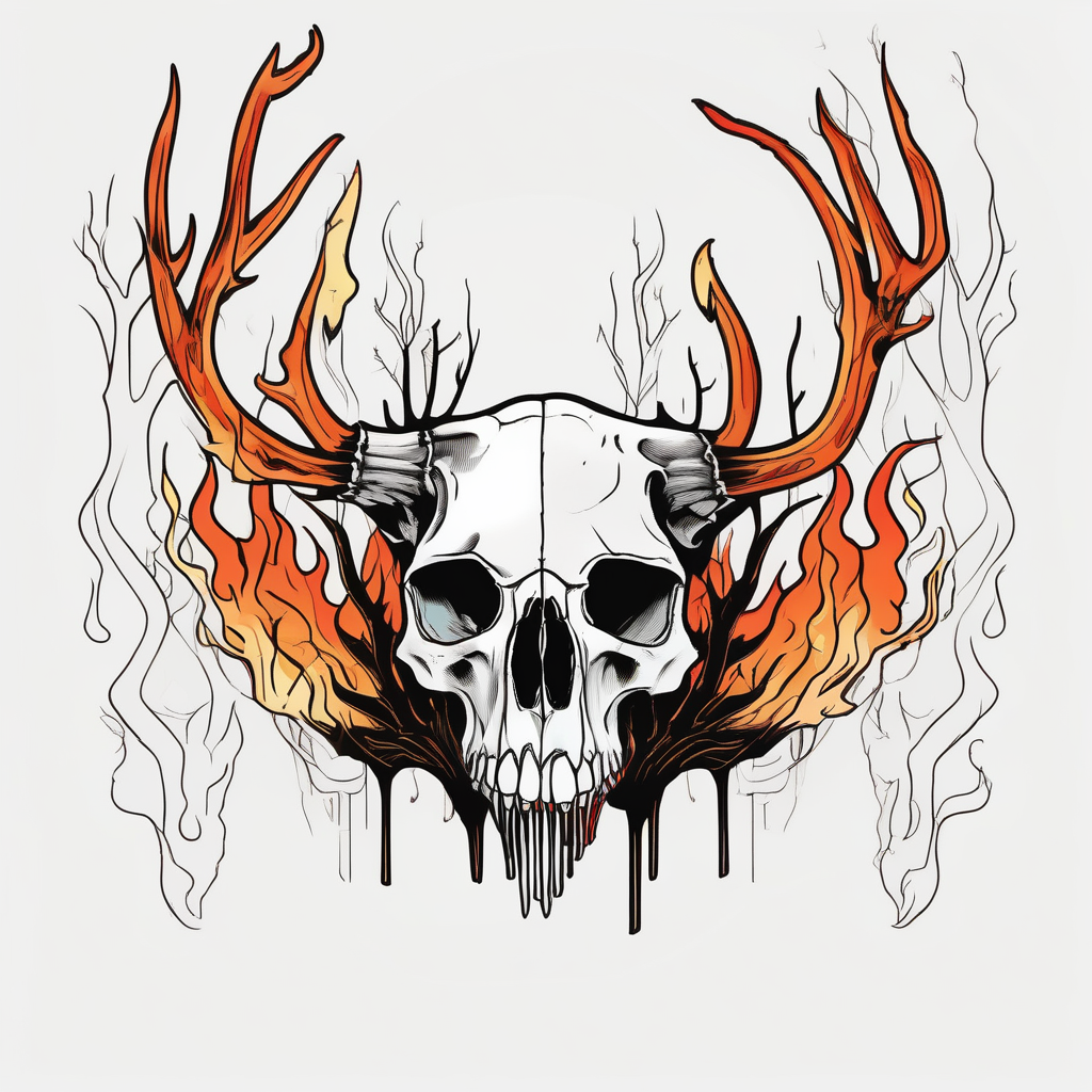 side profile of a DECAYING deer skull JUST BONE lore accurate surrounded by a flames and trees skull-ideas(AIが生成したカートゥーンスタイルのタトゥーデザイン)