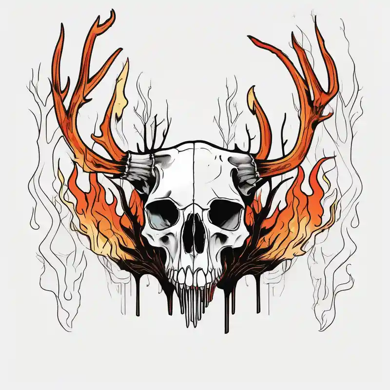 side profile of a DECAYING deer skull JUST BONE lore accurate surrounded by a flames and trees