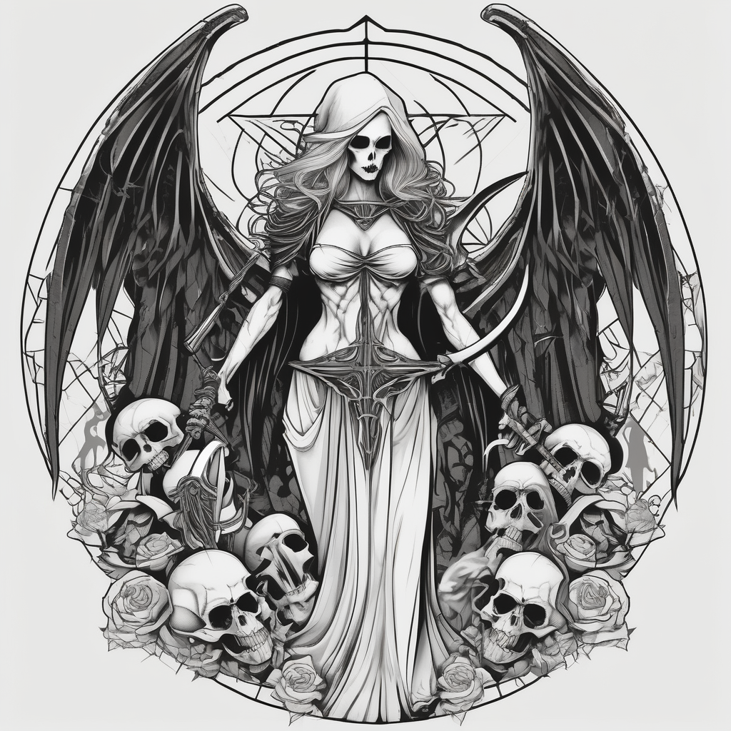 Lady death grim reaper with angel wings, scythe and skulls and skull-ideas, diseño de tatuaje Geométrico generado con IA