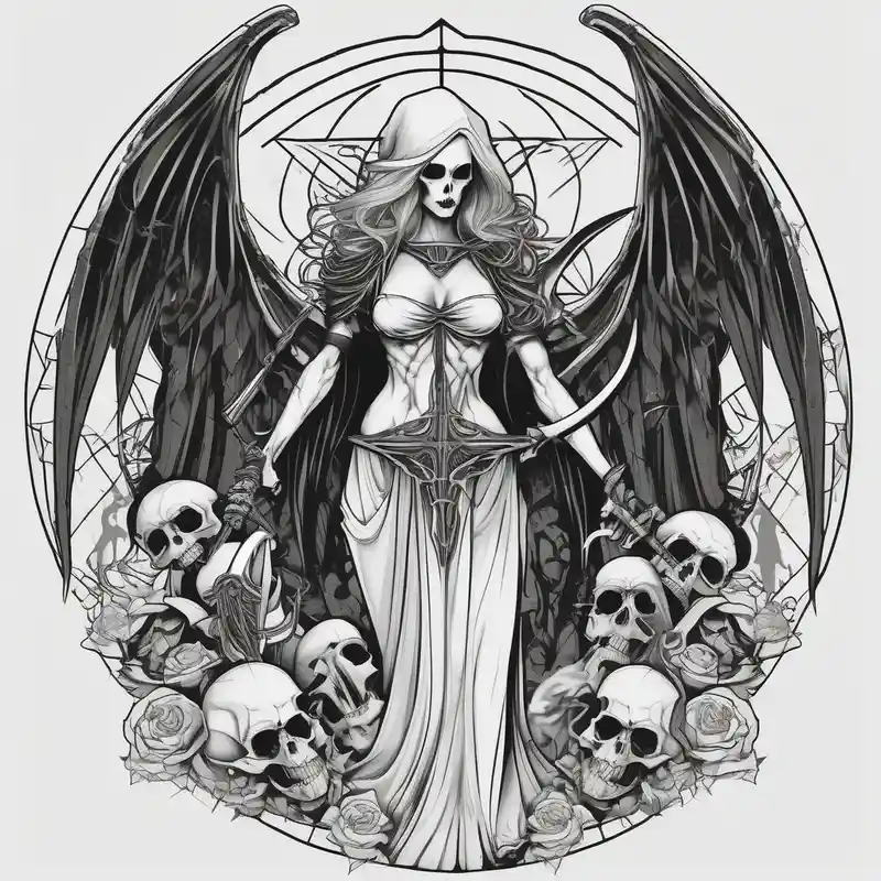 Lady death grim reaper with angel wings, scythe and skulls and – Geometric, Vibrant color