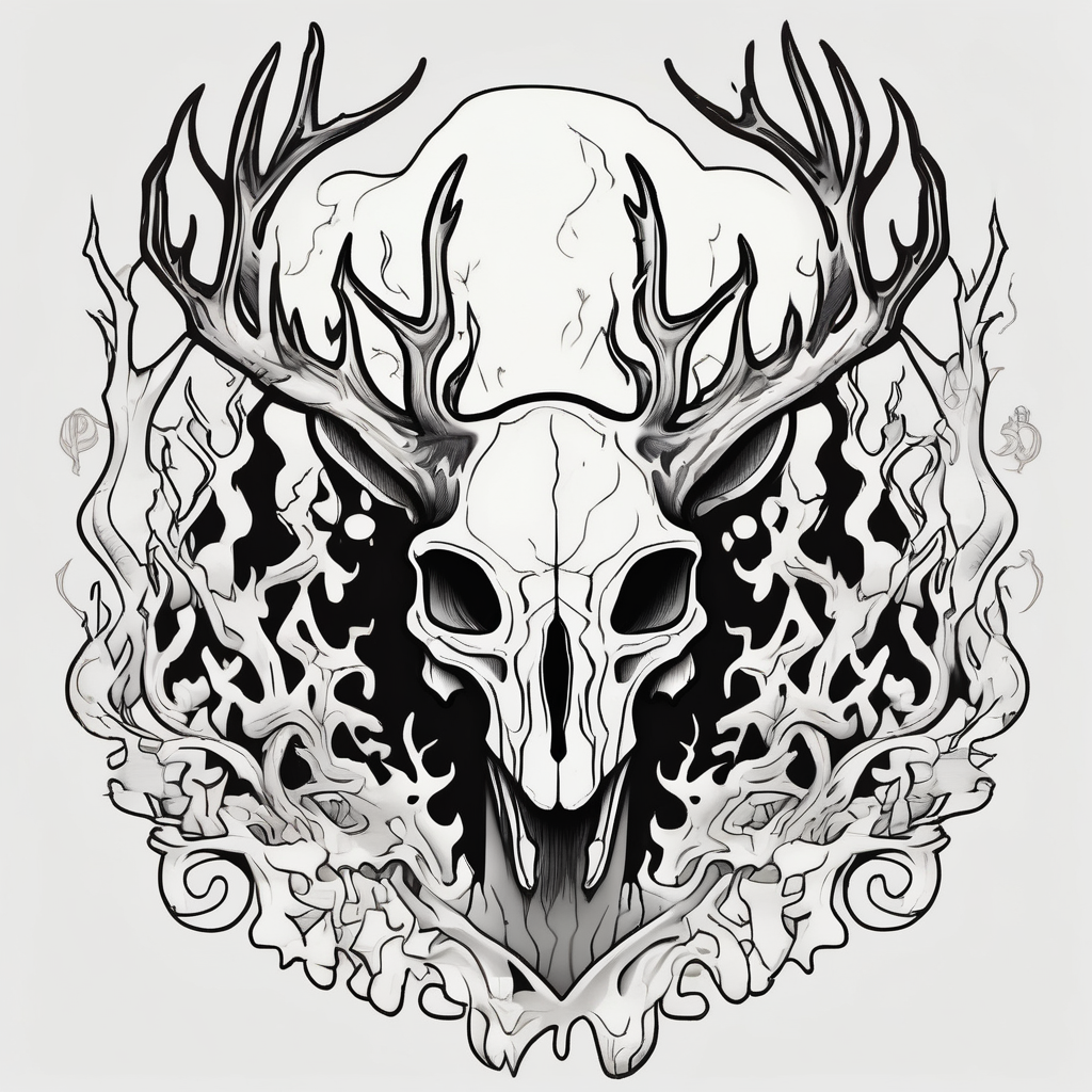 side view of a standing on two legs deer humanoid skull JUST BONE surrounded by a flames and trees skull-ideas, design de tatouage Cartoon généré par IA