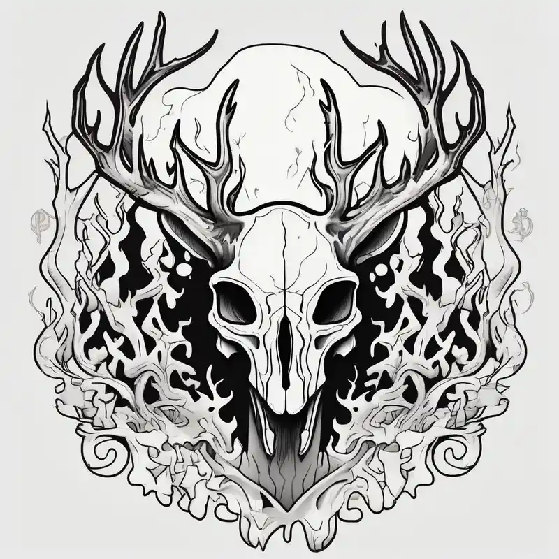 side view of a standing on two legs deer humanoid skull JUST BONE surrounded by a flames and trees