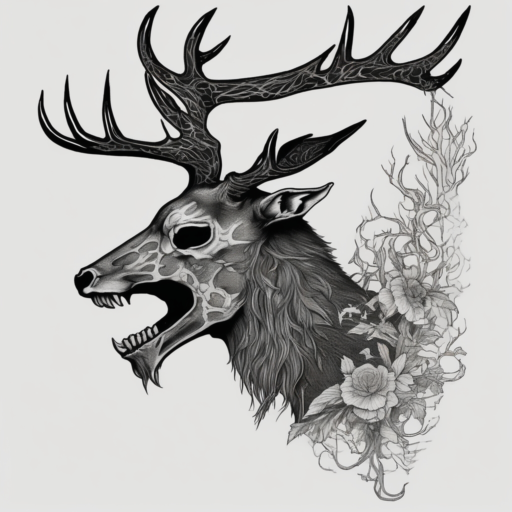 A side profile of a wendigo with a deer skull head, forest fire skull-ideas(AIが生成したブラックワークスタイルのタトゥーデザイン)