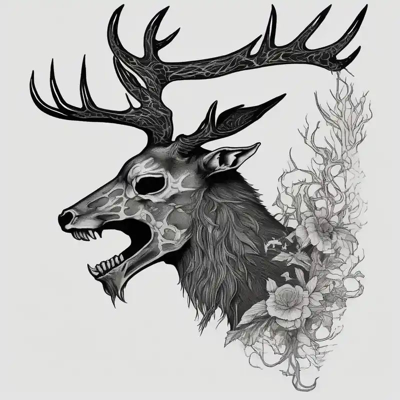 blackwork style Designs et Significations de Tatouages Cerf about A side profile of a wendigo with a deer skull head and forest fire skull-ideas