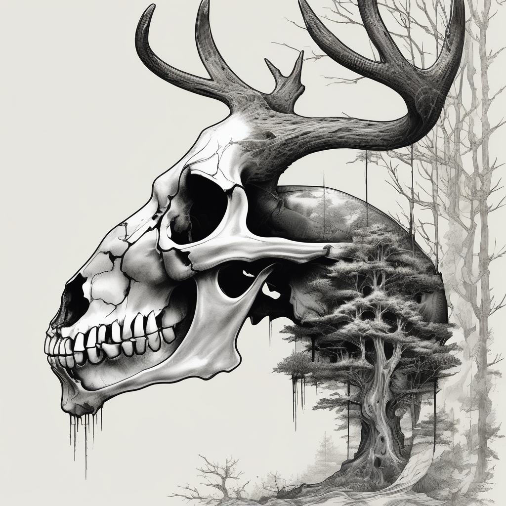 A side view of a decayed deer skull with no skin JUST BONE surrounded by trees and fire skull-ideas(AIが生成した和彫りスタイルのタトゥーデザイン)