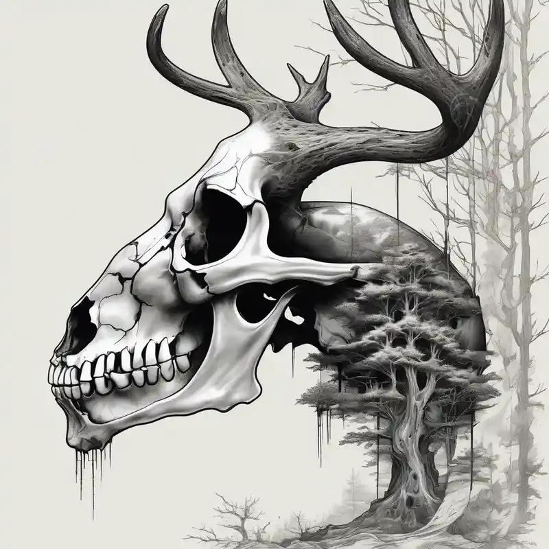 A side view of a decayed deer skull with no skin JUST BONE surrounded by trees and fire – 和彫り, 白黒