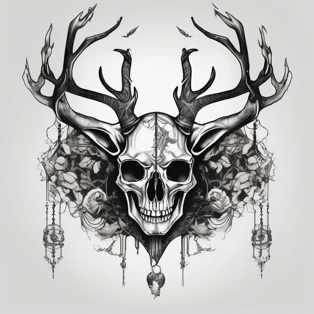A human with two legs and with a deer skull head skull-ideas, design de tatouage Noir et blanc généré par IA