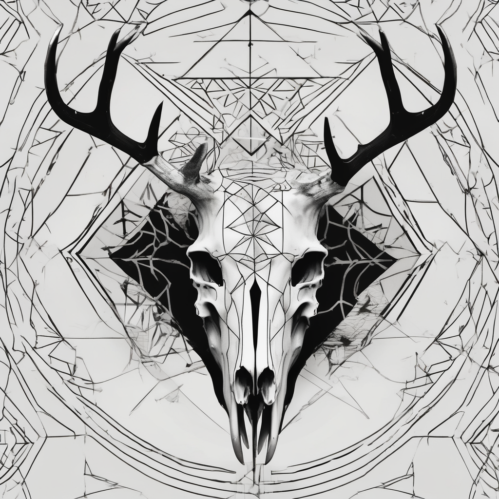 A side view of a decayed deer skull with no skin JUST BONE surrounded by trees and fire skull-ideas(AIが生成したジオメトリックスタイルのタトゥーデザイン)