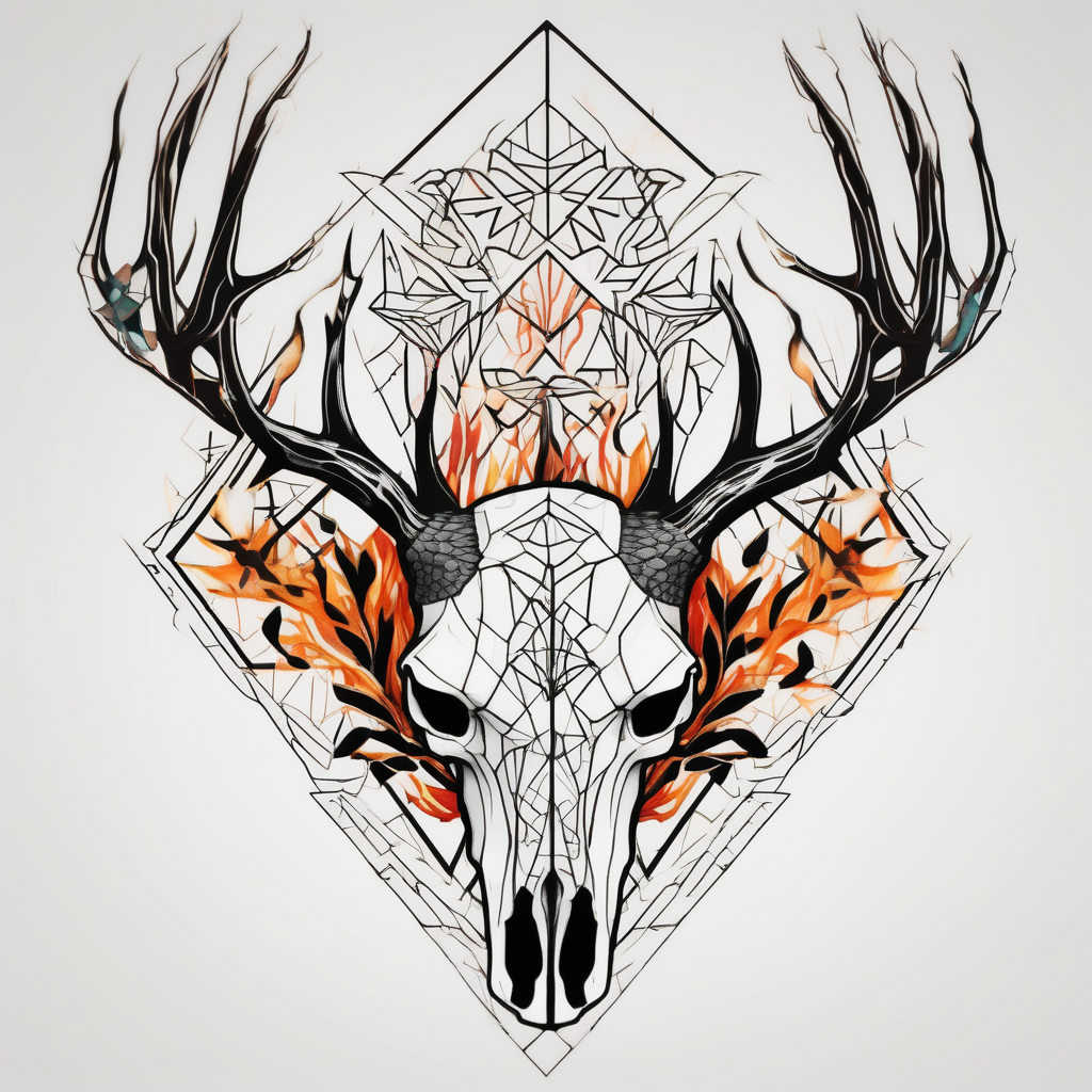 side view of a deer skull JUST BONE surrounded by a flames and trees skull-ideas(AIが生成したジオメトリックスタイルのタトゥーデザイン)