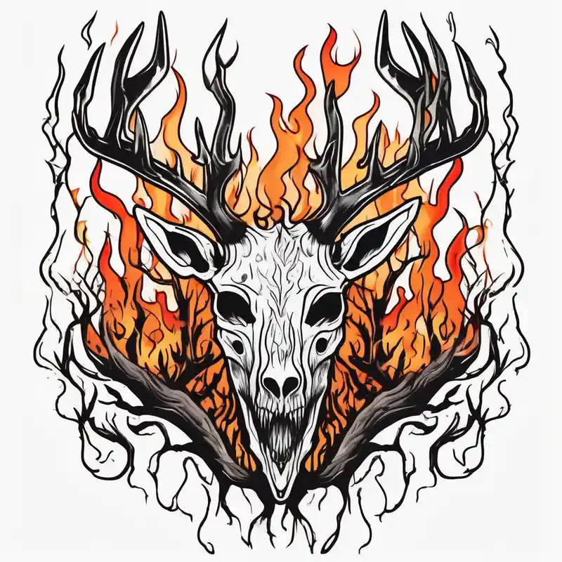 A scary wendigo with a decayed deer skull head with flames and trees