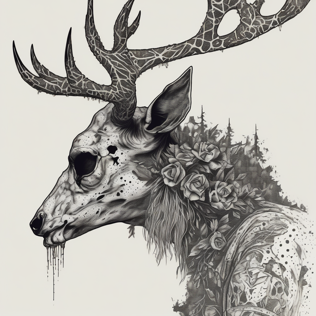A side profile of a wendigo with a decayed deer skull head in a forest fire skull-ideas(AIが生成したドットワークスタイルのタトゥーデザイン)