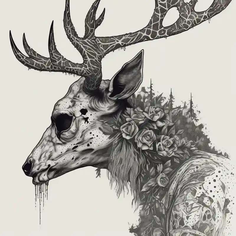 A side profile of a wendigo with a decayed deer skull head in a forest fire – ドットワーク, 白黒