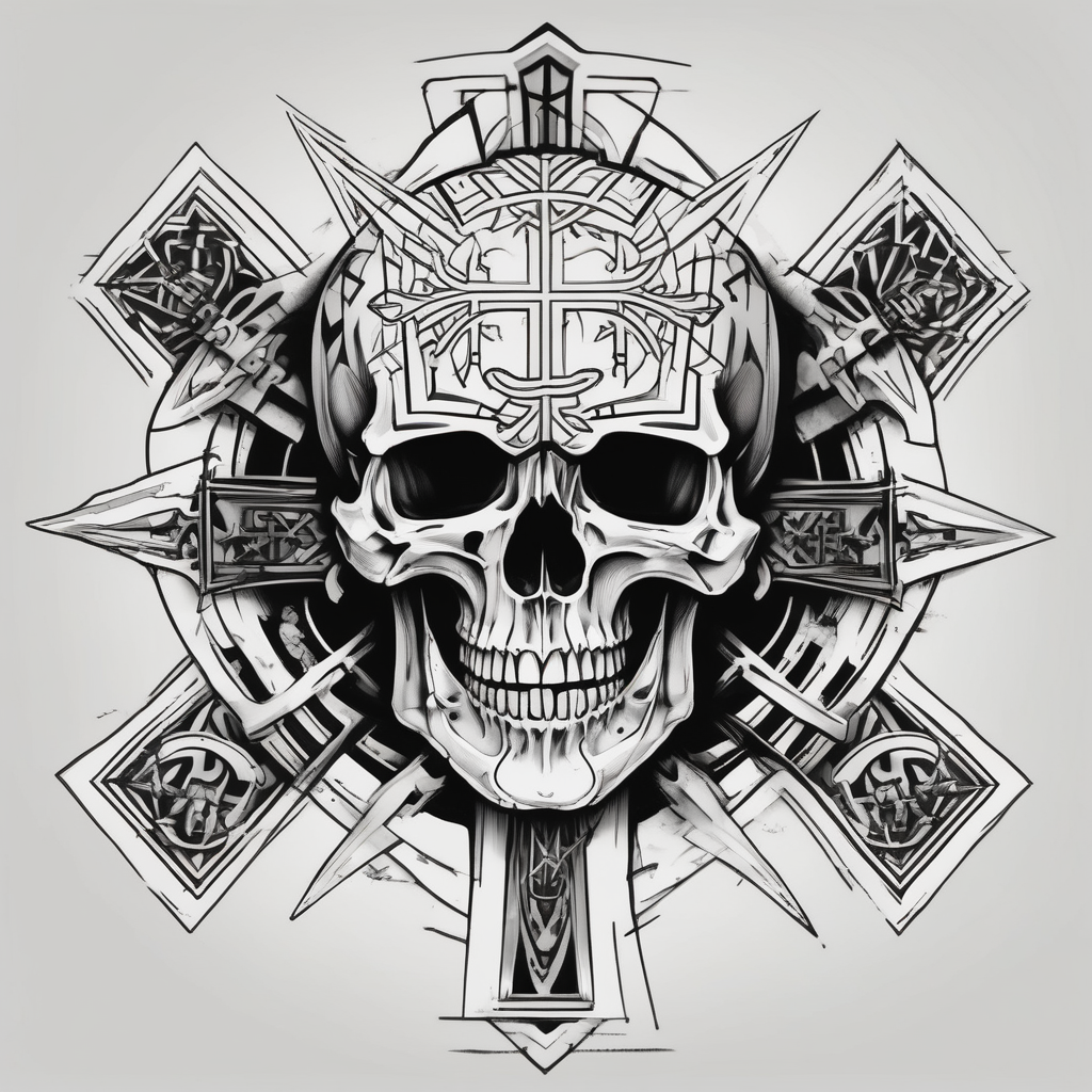Big Skull with fangs , three crosses, words saying “A Sound Soul Dwells Within A Sound Mind and Sound Body” skull-ideas, design de tatouage Géométrique généré par IA