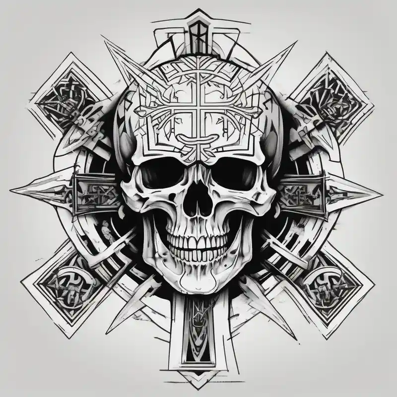Big Skull with fangs, three crosses, words saying “A Sound Soul Dwells Within A Sound Mind and Sound Body” – Géométrique, Couleurs vives