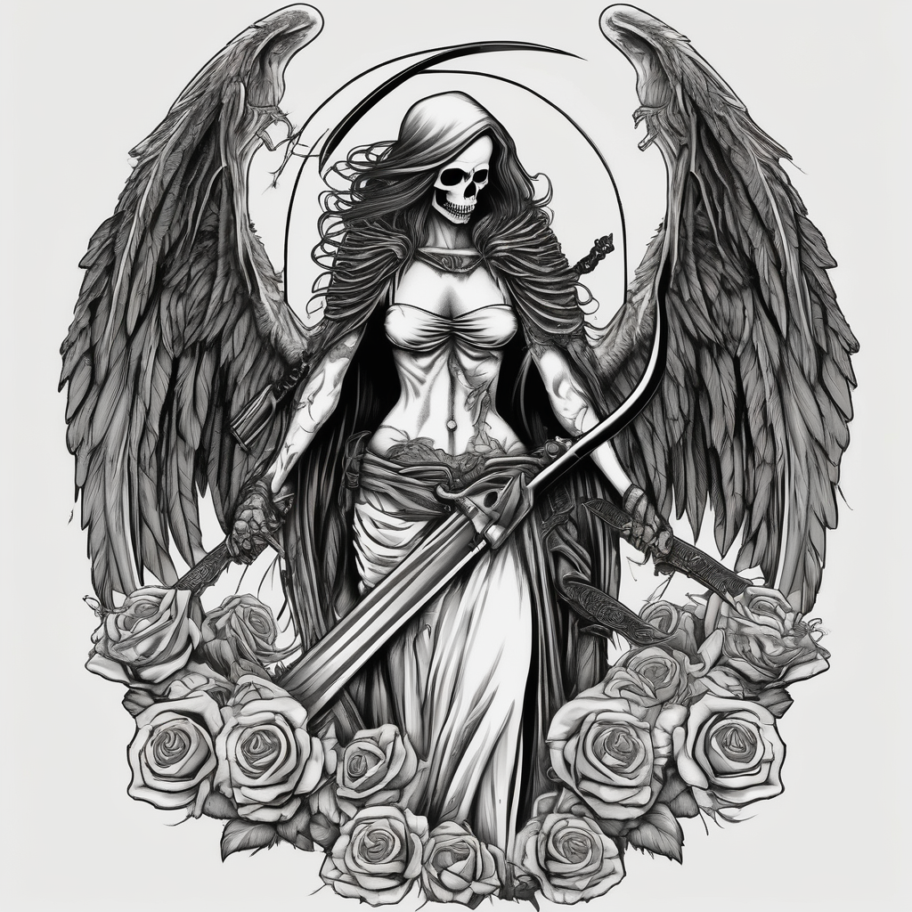 Lady death grim reaper with angel wings, scythe and skulls and skull-ideas, AI-generated Old School tattoo design
