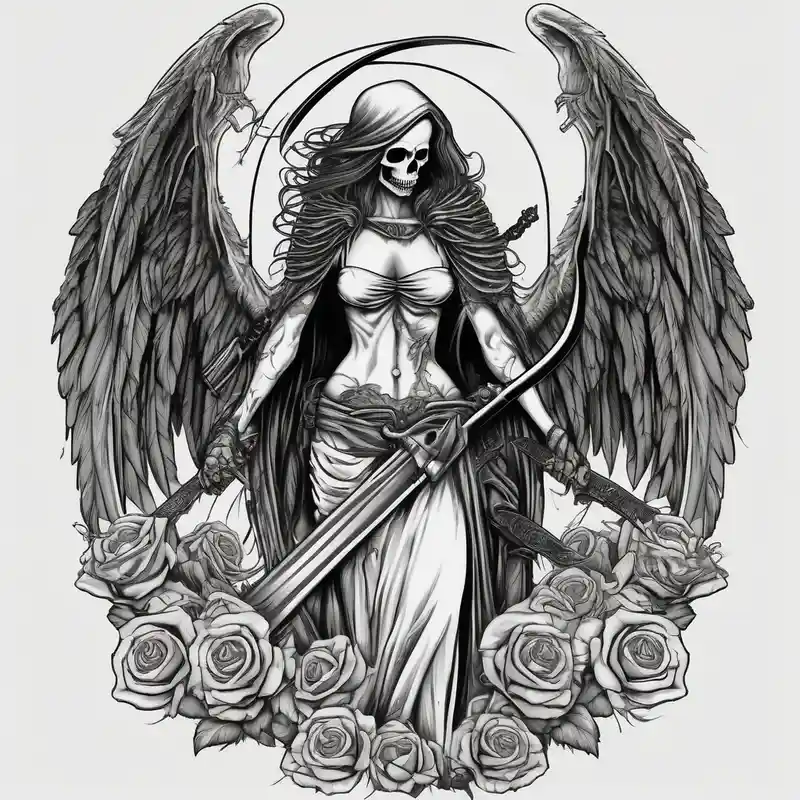 Lady death grim reaper with angel wings, scythe and skulls and